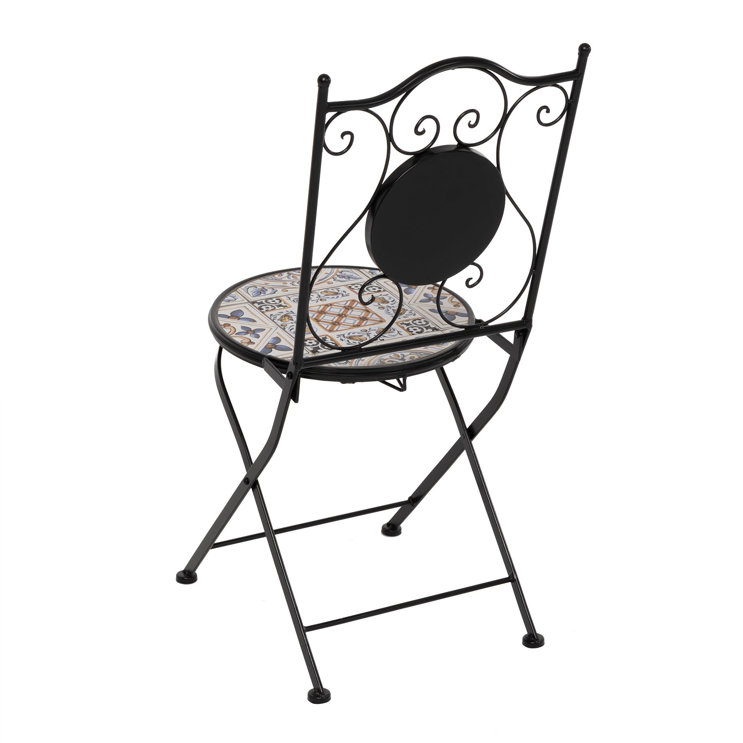 VESTIAMO CASA - Sedia Pieghevole in metallo nero con maioliche Blu - h92x38x46 cm